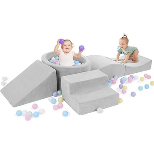 Foam Climbing Blocks with Ball Pit Designed for Toddlers Aged 1-3 -Great for Indoor Crawling, Inside Foam Playground Set for Little Ones to Active Playing -(Balls NOT Included) Grey