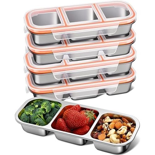 5 Pack Stainless Steel Snack Containers for Kids & Adults - Leek Proof Metal Bento Lunch Box with 3 Compartment - Lunchable Containers for Daycare, School, Work, Travel - Stackable Bento Snack Box