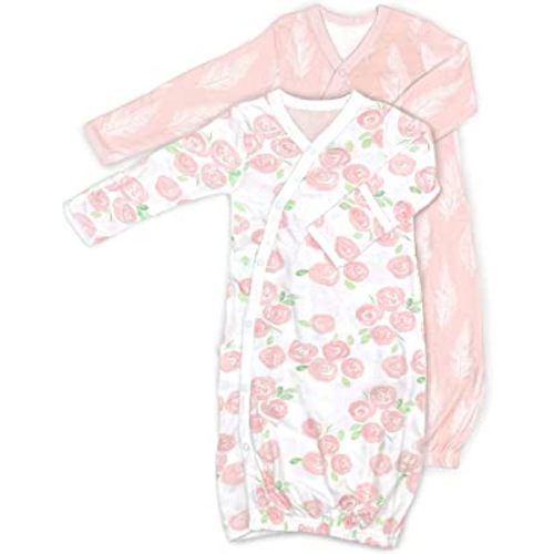 Cambria Baby 100% Organic Kimono Gowns. Side Snaps with Built in Mitts. (0-6 Months, Roses and Feathers)