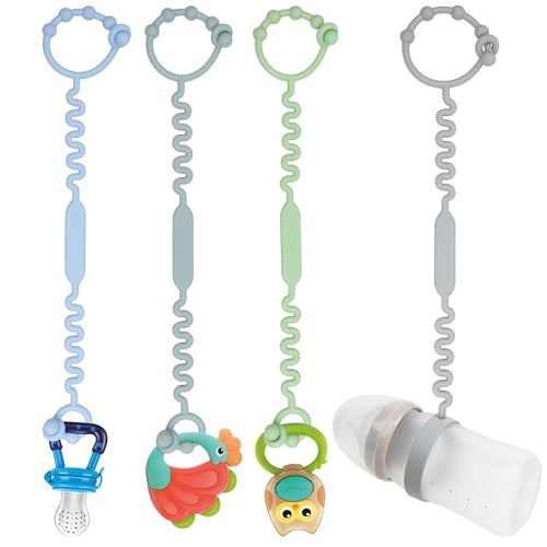 Toy Straps for Baby, Pacifier Holder Clip with Self-Adjusting Bayonet, Pure Silicone Material Without BPA; Can Be Used for Teethers, Feeding Bottles, Toys, Baby Cribs, High Chairs (4 pcs) - Light Green&Gray&Blue+Sippy Cup Strap