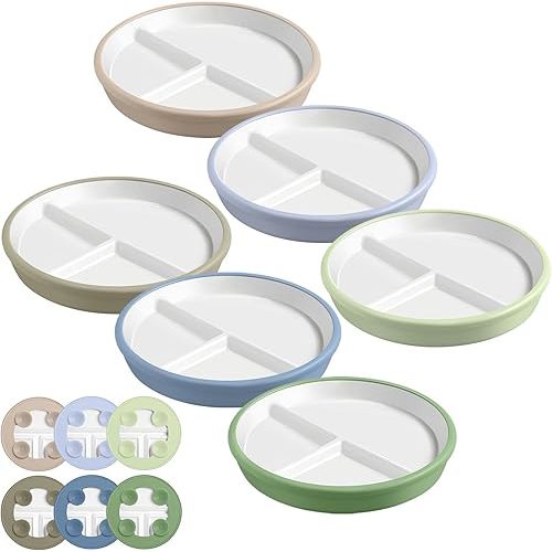 Domensi 6pcs 8" Porcelain Kids Plates with Anti-slip Silicone Sleeve White Divided Porcelain Plates with Suction for Toddler Microwave Dishwasher Friendly (Blue,Green,Lilac,Sage,Gray,Beige)