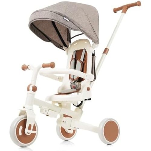 7 in 1 Baby Tricycle, Foldable Toddler Tricycle with Removable and Adjustable Parent Handle, Toddler Push Bike with Removable Pedal, Canopy, and Guardrail, Tricycle for 12-72 Months (Ivory)
