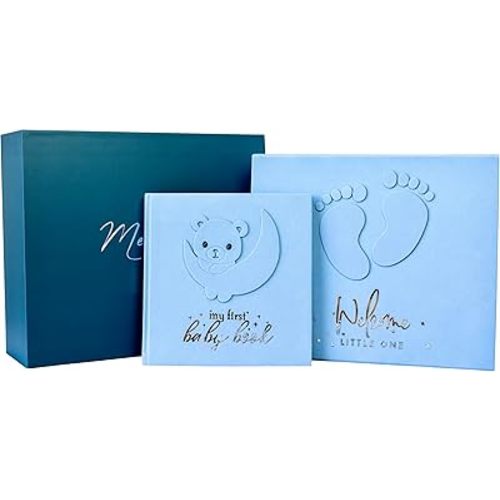 Handmade Baby Memory Book, Scrapbook AND Photo Album with Keepsake Box, Hand & Footprint Kit included, Baby's First Year, Journal, For Newborn 0-12 Months (Teddy Bear Boy, Blue)