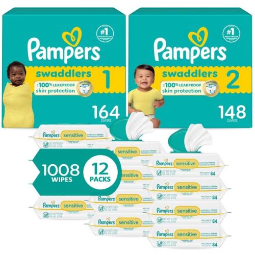 Pampers Swaddlers Sensitive Disposable Diapers Size 1 - 164ct + Size 2 - 148ct + Sensitive Baby Wipes - 1008ct
