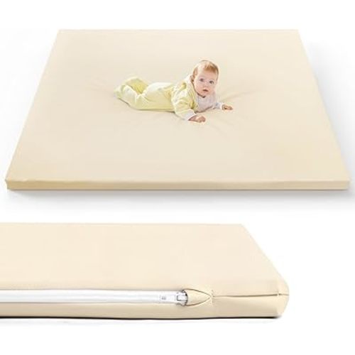 Baby Mat for Floor, Thick Soft Non-Toxic Vegan Leather Baby Play Mat, Waterproof Foam Play Mat, Padded Play Mat for Baby, 50x50 Playpen Mat, Infant Playmat for Baby Girls and Boys, Beige