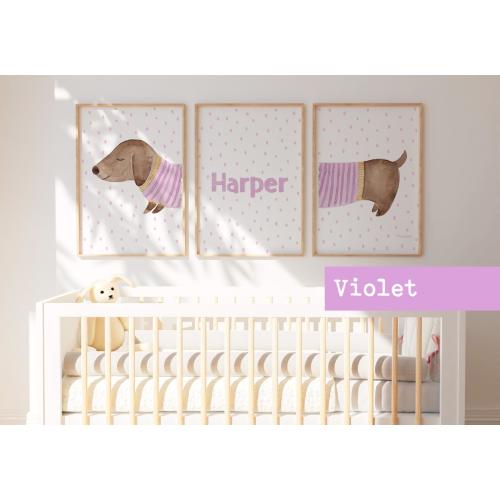 Personalized Sausage Dog: Light Violet shades for Neutral Baby Nursery Decor - Sausage Dog Set, funny prints - Dachshund dog with name