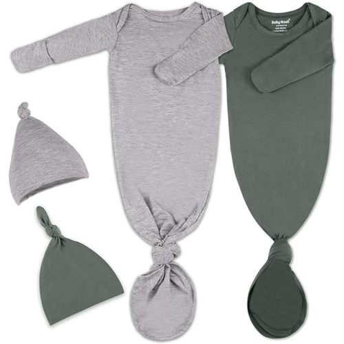 2Pk Newborn Baby Knotted Gown, Super Soft Silky Infant Long Sleeve Sleeper for Baby Sleeping with Hat or Headband (2 Packs) - Dark Green+light Grey