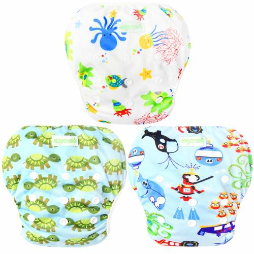 Wegreeco Baby & Toddler Snap One Size Adjustable Reusable Baby Swim Diaper (Diving,Ocean,Turtle,Small,3 Pack)