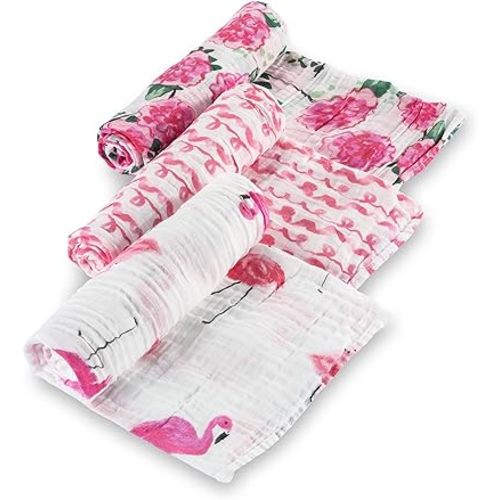 LollyBanks Muslin Swaddle Blankets, 100% Cotton Baby Swaddle Blanket for Girls, Soft and Large 47 x 47 Inches Newborn Swaddle, Breathable Baby Receiving Blankets, Registry (Flamingo and Flower 3 Pack)