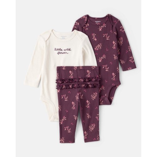 Baby Girl 3-Piece Floral Long-Sleeve Bodysuit & Pant Set - Purple/White | Carter's