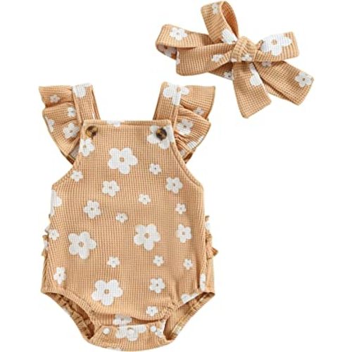 ZAXARRA Little Baby Girls 2Pcs Summer Outfits Fly Sleeve Flower Print Bodysuit with Headband Newborn Clothes