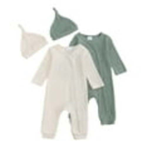 Actgleam Newborn Baby Boys Girls Pajamas with Hat Long Sleeve Button Solid Bodysuit Romper 2-Pack,0-3 Months