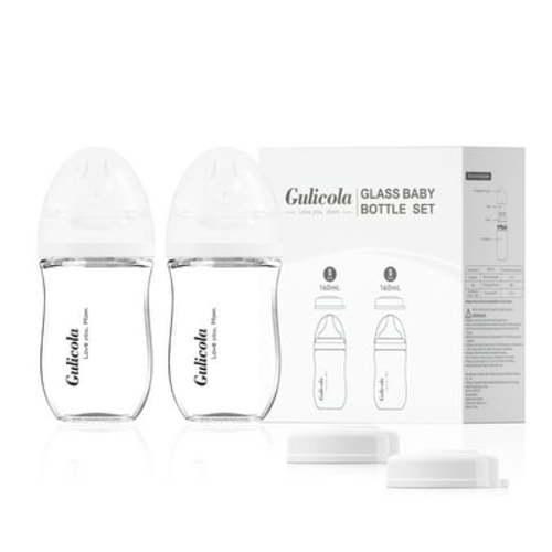Gulicola Natural Glass Baby Bottle for Breastfeeding, Wide Neck with Slow Flow Nipple, 1 Months+, 5 oz, 2 Pack - White