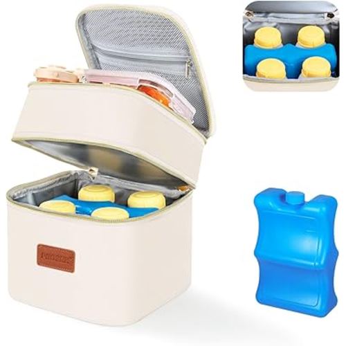 PIIOSER Breast Milk Storage Cooler Bag with Ice Pack, Fits 4 Baby Bottles Up to 5 Ounce, Small Insulated Breastmilk Cooler Travel Bag with Handle Buckle for Nursing & Working Mom Daycare