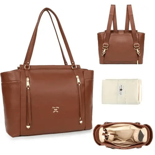 miss fong Diaper Bag Tote Leather Diaper Bag Backpack, Large Capacity Mommy Bag Hospital Bag, 12 Pockets Travel Diaper Tote with Changing Pad,Stroller Straps & Insulated Pockets for Mom & Dad-Brown