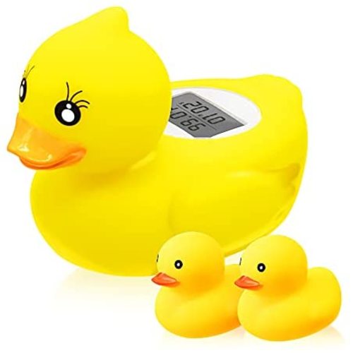 Baby Bath Thermometer Floating Toy, BabyElf Rubber Duck Thermometer for Infants, Water and Room Safty Thermometer for Bathtub Bath Pool, with Temperature Warning, 2 Extra Duck Toys