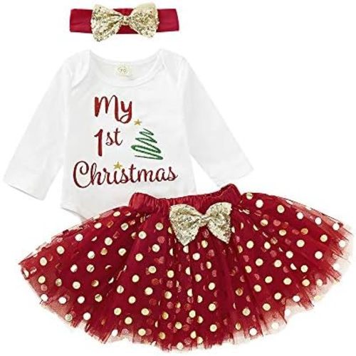 Baby Girl 1st Christmas Outfits Letter Print Romper+Polka Dot Tutu Dress+Headband 3PCS Clothes Set
