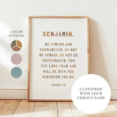 Personalized Joshua 1:9 Bible Verse Wall Art for Kids | Modern Christian Nursery Decor | Custom Baptism Gift | Be Strong and Courageous