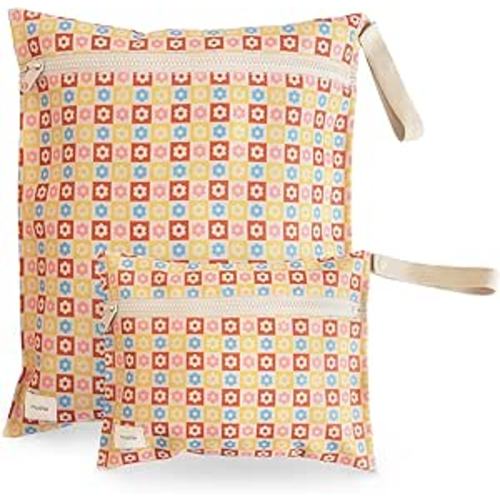 mushie Water Resistant Wet Bags | Large & Small Reusable Storage Bag for Baby Items and Travel | Zippered Pockets with Handle | Machine Washable, Set of 2 (Happy Flowers Check)