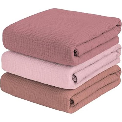Muslin Swaddle Blankets Girl, Large Size 47 x 47 Inches Soft Breathable Skin-Friendly Cotton Wrap Burping Newborn Receiving Blankets Baby Girl Kids, 3 Packs Pink