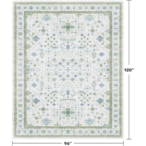 Blue and Green Living Room Rug 8x10 - Cream Oushak Vintage Boho Floral Farmhouse, Washable Low Pile Non-Slip Extra Large Area Rugs for Bedroom, Girls, Boys, Playroom, Lounge