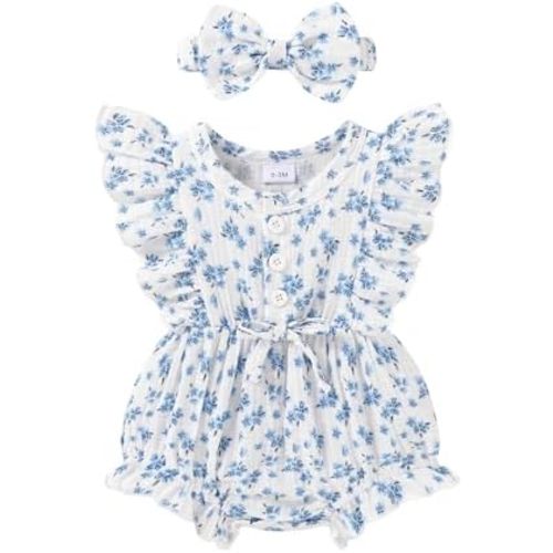 Happy Town Newborn Baby Girl Summer Clothes Infant Linen Romper Ruffle Sleeve Baby Girl Jumpsuit Outfits
