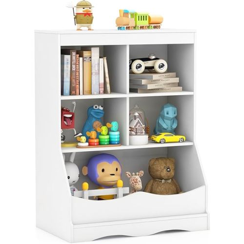 HONEY JOY Kids Toy Storage Organizer with Bookcase, 4-Cubby Organization Storage Cabinet w/Display Shelf, Wooden Toy Storage Unit for Playroom, Nursery Daycare(White)