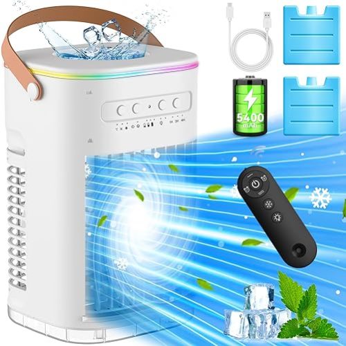 BALKO Small Air Conditioner, 5400mAh Built-in Battery Evaporative Air Cooler, 2 Ice Packs, 7H Timer Smart Auto-Off &Remote, 7 Lights, 1200ML Water Tank, 2-Level Mists, 3-Speed Personal Air Conditioner