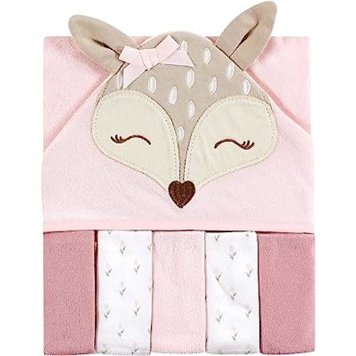 Hudson Baby Unisex Baby Hooded Towel and Five Washcloths, Fawn, One Size