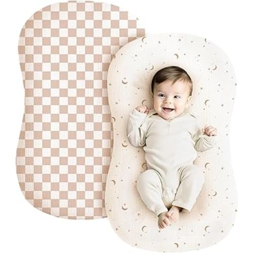 Konssy Muslin Baby Lounger Cover 2 Pack, 100% Cotton Newborn Lounger Cover, Soft and Breathable Lounger Slipcover for Boys Girls, Covers Only (Coffee Check,Moon)