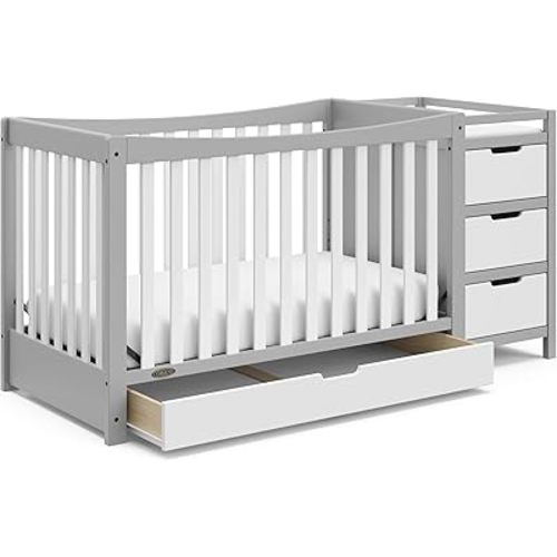 Graco Remi 4-In-1 Convertible Crib & Changer With Drawer (Pebble Gray & White) – GREENGUARD Gold Certified, Crib And Changing-Table Combo, Includes Changing Pad, Converts To Toddler Bed, Full-Size Bed