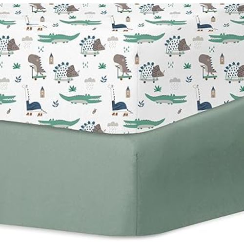 Little Grape Land Crib Sheets for Girls and Boys, 2pk Baby Crib Fitted Sheet for Standard Size Crib and Toddler Mattress, Super Soft Baby Sheet, Green Dinosaur