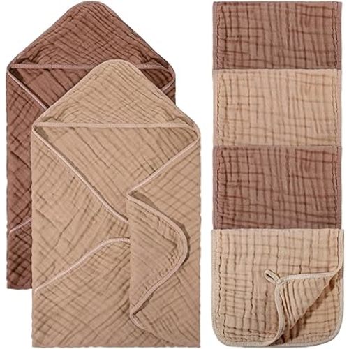 6 Pcs Baby Muslin Hooded Bath Towels and Washcloths, 32 x 32 Inch Muslin Cotton Hooded Baby Towels Absorbent Hooded Blankets for Gift Newborn Infant Baby Shower (Brown,Coffee)