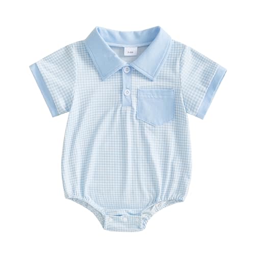 Demdzq Newborn Baby Boy Summer Clothes Short Sleeve Lapel Button Romper Up Loose Fit Plaid Jumpsuit Infant Baby Boy Outfit