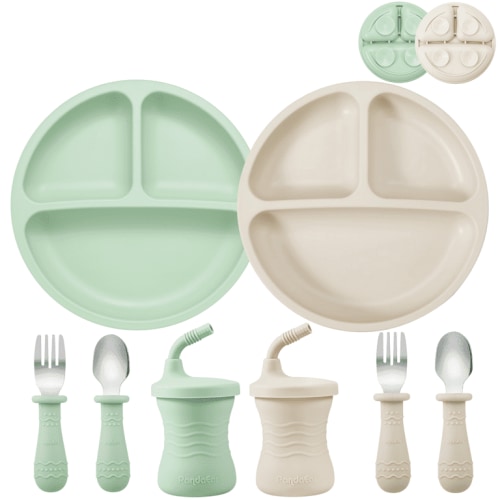 PandaEar Silicone Baby Feeding Set | 2 Silicone Divided Suction Plate and 2 Toddler Cup with 4 Silicone Stainless Spoons & Forks| BLW Supplies Self Feeding Eating Utensils (Sea Mist/Bone)