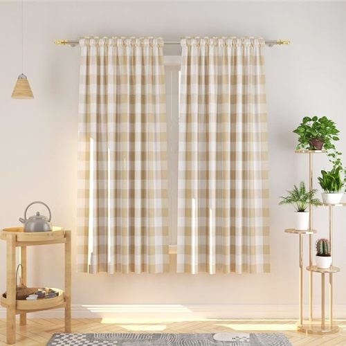 NATUS WEAVER Buffalo Check Curtains 72 inches Long Cotton Basement Beige and White Gingham Plaid Kitchen Window Panels Living Room Checker Drapes Bedroom Rod Pocket Window Treatment 2 Panels