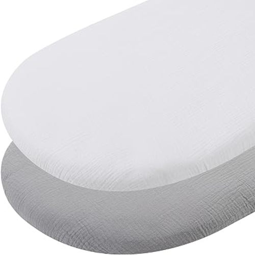 Muslin Bassinet Sheets 30"x 16" Compatible with Fisher-Price Soothing Motions and Dream On Me Lacy Baby Bassinet, 2 Pack 100% Cotton, White and Grey