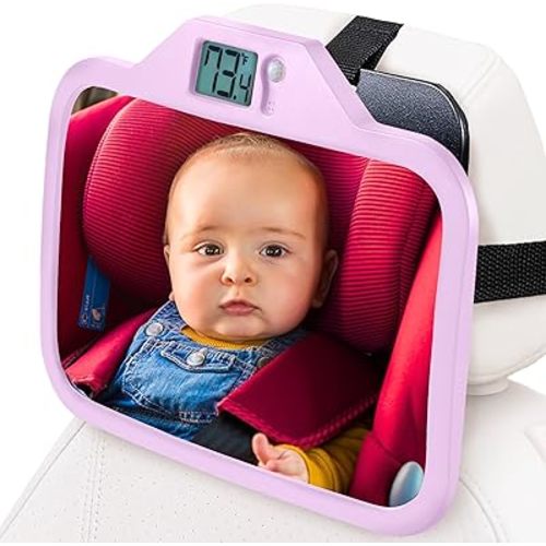 Baby Car Mirror with Temperature Display, Car Seat Mirror for Baby Rear Facing, New Born Essentials Must Haves, Infant Car Seat Mirror for Baby Travel Gear - Wide Angle (Pink)