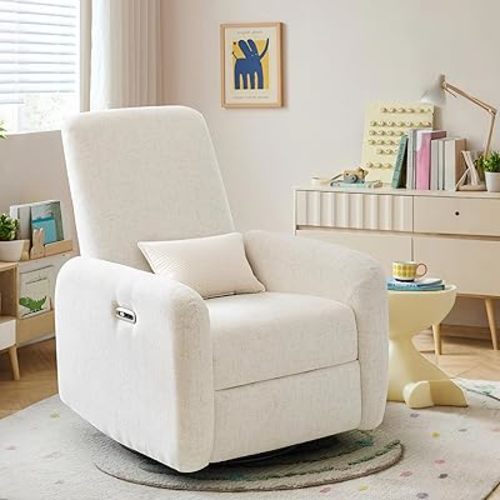 Power Nursery Rocking Chairs, 270° Oversized Swivel Rocker Recliner w/USB & Type-C Charging Port, Rotating Rocking Reclining Nursing Chair for Breastfeeding, Living Room,Bedroom,Beige