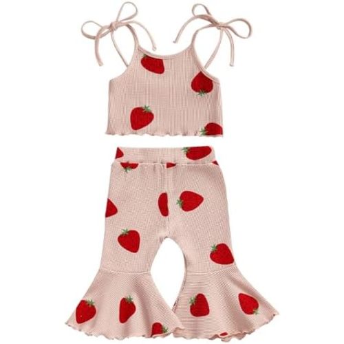 Lefyira Strawberry Outfit Toddler Girl Bell Bottoms Strap Crop Tank Top Flare Pants Infant Fruit Outfit Baby Summer Clothes