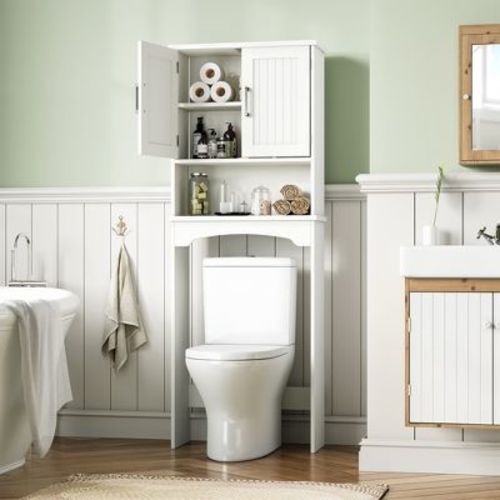 Over The Toilet Storage Cabinet, Double Door Bathroom Storage Organizer with Anti-Tip Device