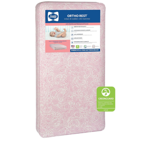 Sealy Baby Ortho Rest Waterproof Crib Mattress plus Toddler Bed Fit, 150 Extra Firm Coils, Orthopedic Comfort, GREENGUARD Gold Certified, Safety & Quality Tested, Made in USA, 52"X28" - Pink