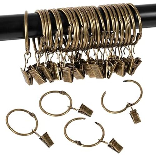 Openable Curtain Rings with Clips,1inch Inner Diameter,Heavy Duty Rustproof Metal Decorative Vintage Drapery Rings Curtain Clips Rod Hangers Door Curtain and Shower Curtain Rings Bronze Zocang