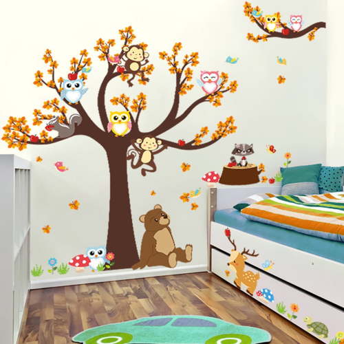 Jungle Animals Wall Sticker Owls Monkey Tree Wall Sticker for Kids Baby Nursery Playroom Bedroom Classroom Kindergarten Wall Decor