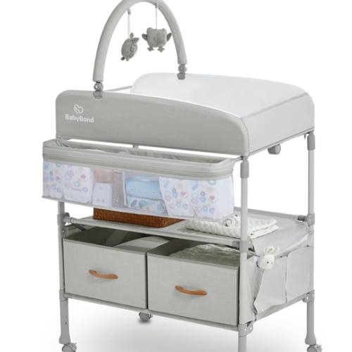BabyBond Portable Baby Changing Table with 2 Storage Baskets, Foldable Changing Table Dresser Waterproof Diaper Changing Table Height Adjustable Changing Station for Infant and Newborn(Beige)
