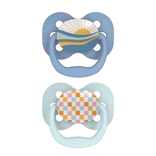 Dr. Brown's Advantage Baby Pacifier, Fully Symmetrical Soother with Soft Silicone Bulb, 0-6m, BPA Free, Blue Sunrise, 2 Pack (Style May Vary)