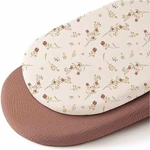 Konssy 2 Pack Muslin Fitted Bassinet Sheets for Baby Girl Boy, Soft Breathable Baby Bassinet Sheets Fit for Baby Bassinets, Cradle, Moses Basket Oval Rectangle Pad/Mattress (Chestnut, Posy)