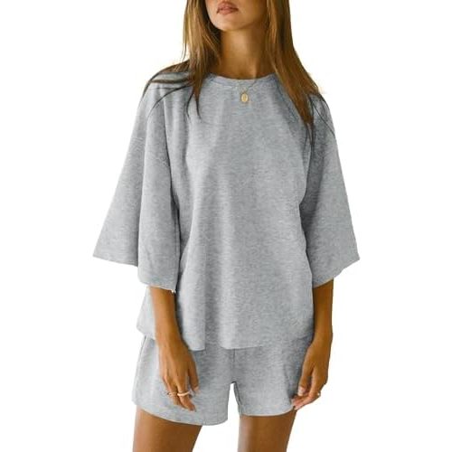 Tankaneo Womens 2 Piece Outfits 3/4 Sleeve Oversized Tops and Elastic Waist Shorts Lounge Sets Loungewear