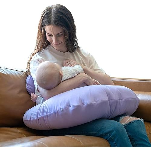 Dr. Mama's Organics Nursing Pillow with Lumbar Support - Ergonomic Design Helps Relieve Back Pain and Arm Fatigue - for Bottle and Breastfeeding - Removable Organic Cotton Cover - Lilac