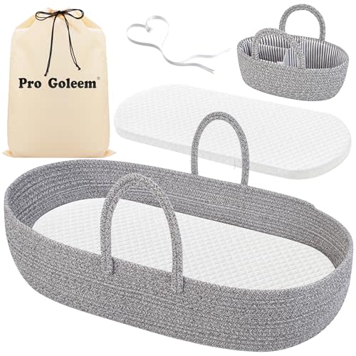 Pro Goleem Baby Diaper Changing Basket, Portable Easy to Clean Moses Basket for Newborn Babies with 1 Foam Pad 2 Waterproof Pad Covers and 1 Diaper Caddy Organizer